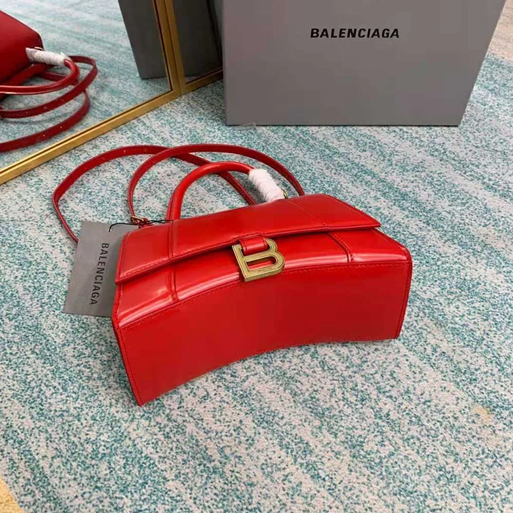 Balenciaga Hourglass Small Top Handle Bag in Shiny Box Calfskin for Women in Red
