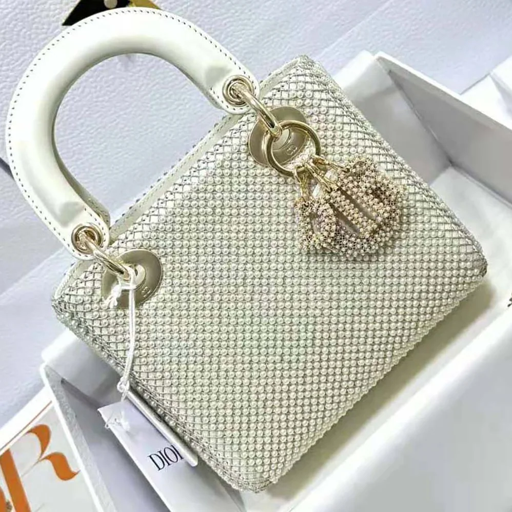 Dior Mini Lady Dior Bag Latte Calfskin Embroidered Entirely with White Resin Pearls for Women