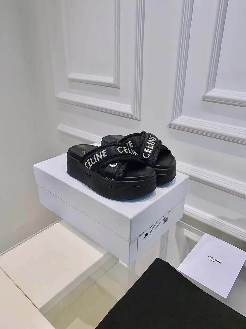 Celine Block Slide In Mesh And Textile With Celine Jacquard Black .38AB