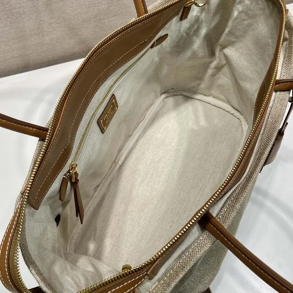 Prada Large Linen And Leather Tote Bag for Women in Rope/Natural Prada Large Linen And Leather Tote Bag for Women in Rope/Natural