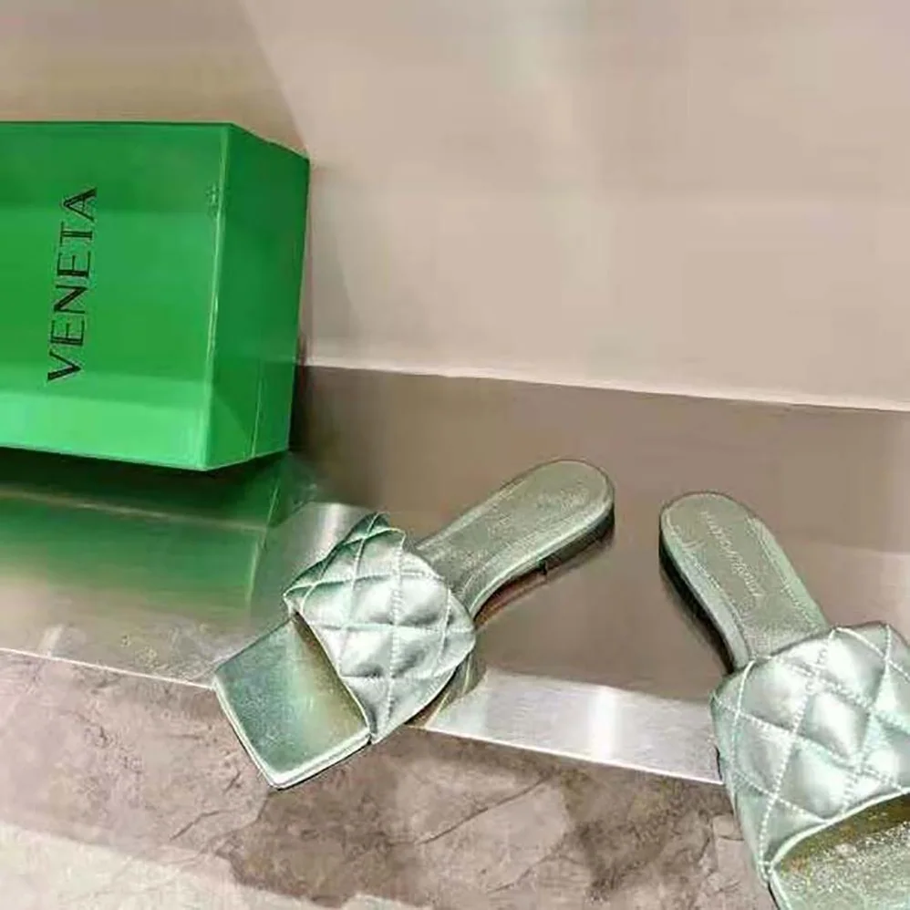 Bottega Veneta Lido Flat Sandal Intreccio Metallised Leather Flat Sandals for Women in Aqua
