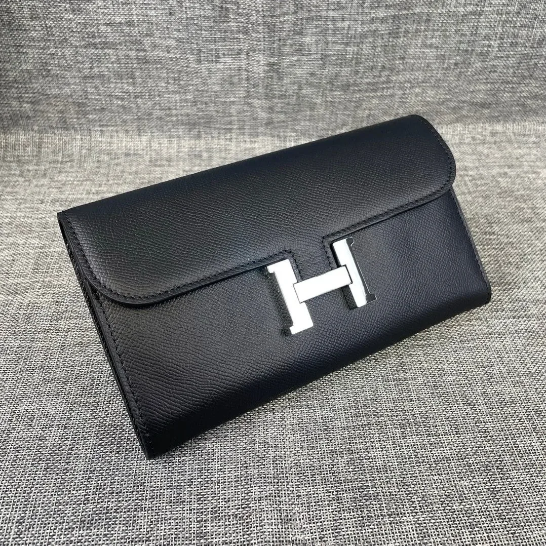 Hermes Constance Togo Long Wallet in Silver Toned Hardware Black