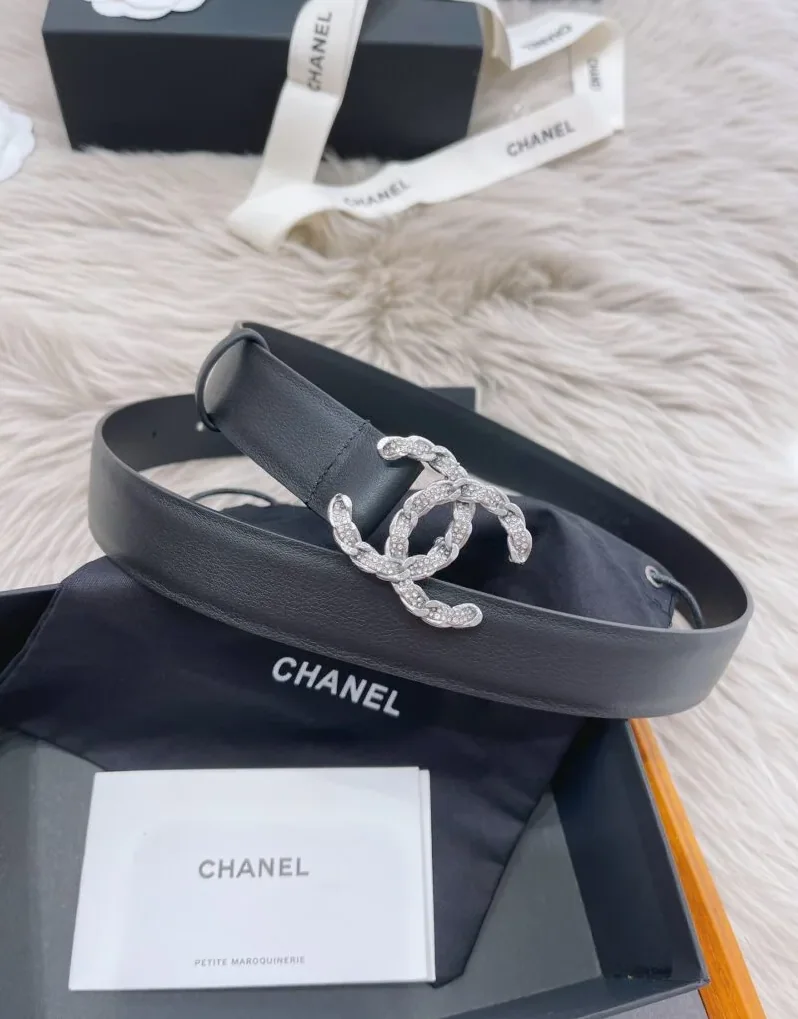 Chanel Shiny Silver Tone Chain Interlocking C Belt Black
