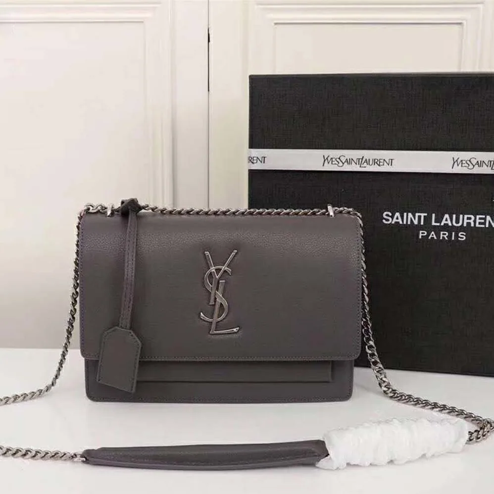 Saint Laurent YSL Medium Sunset Bag in Calfskin Leather in Grey