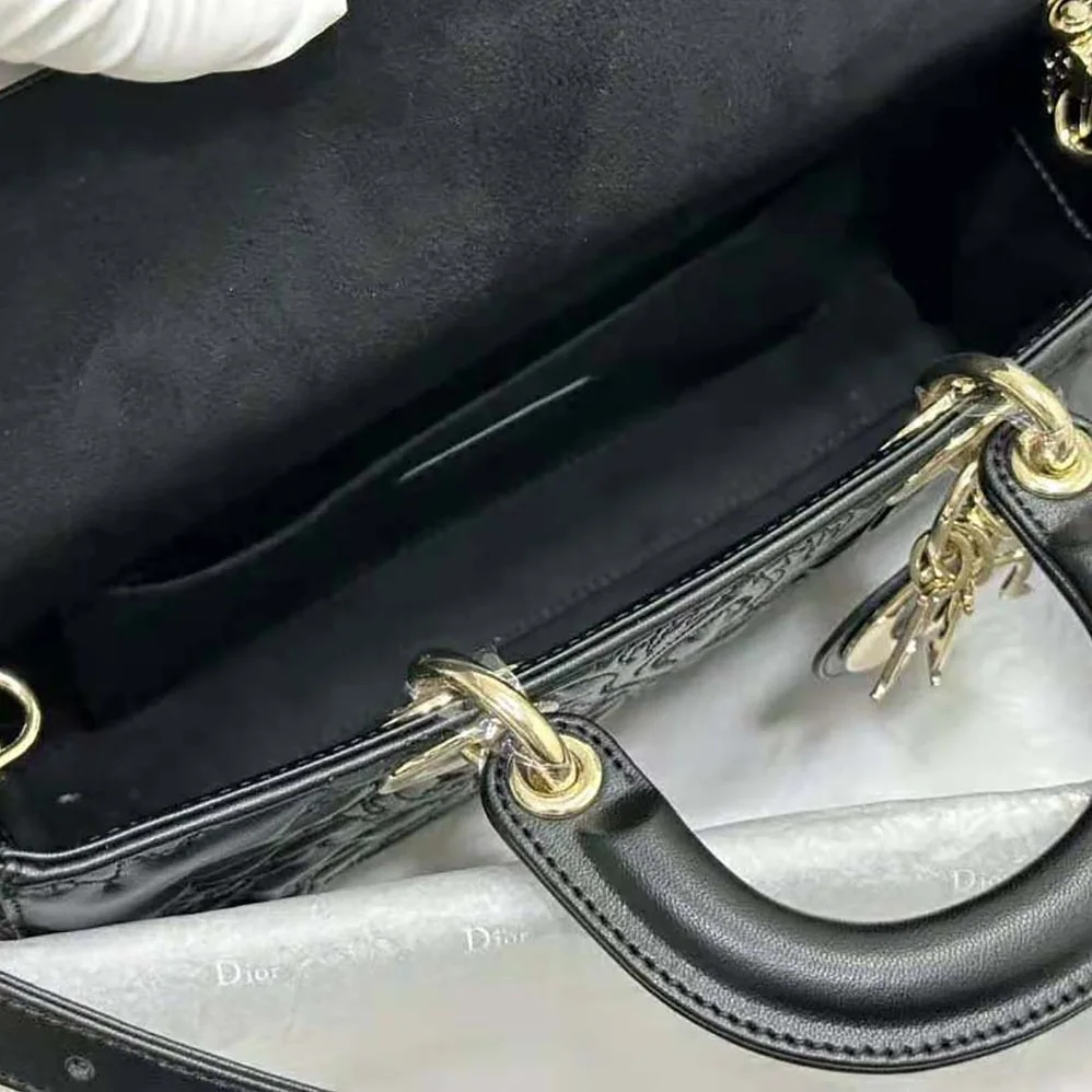 Dior Medium Lady D-joy Bag Black Quilted-Effect Lambskin with Ornamental Motif for Women