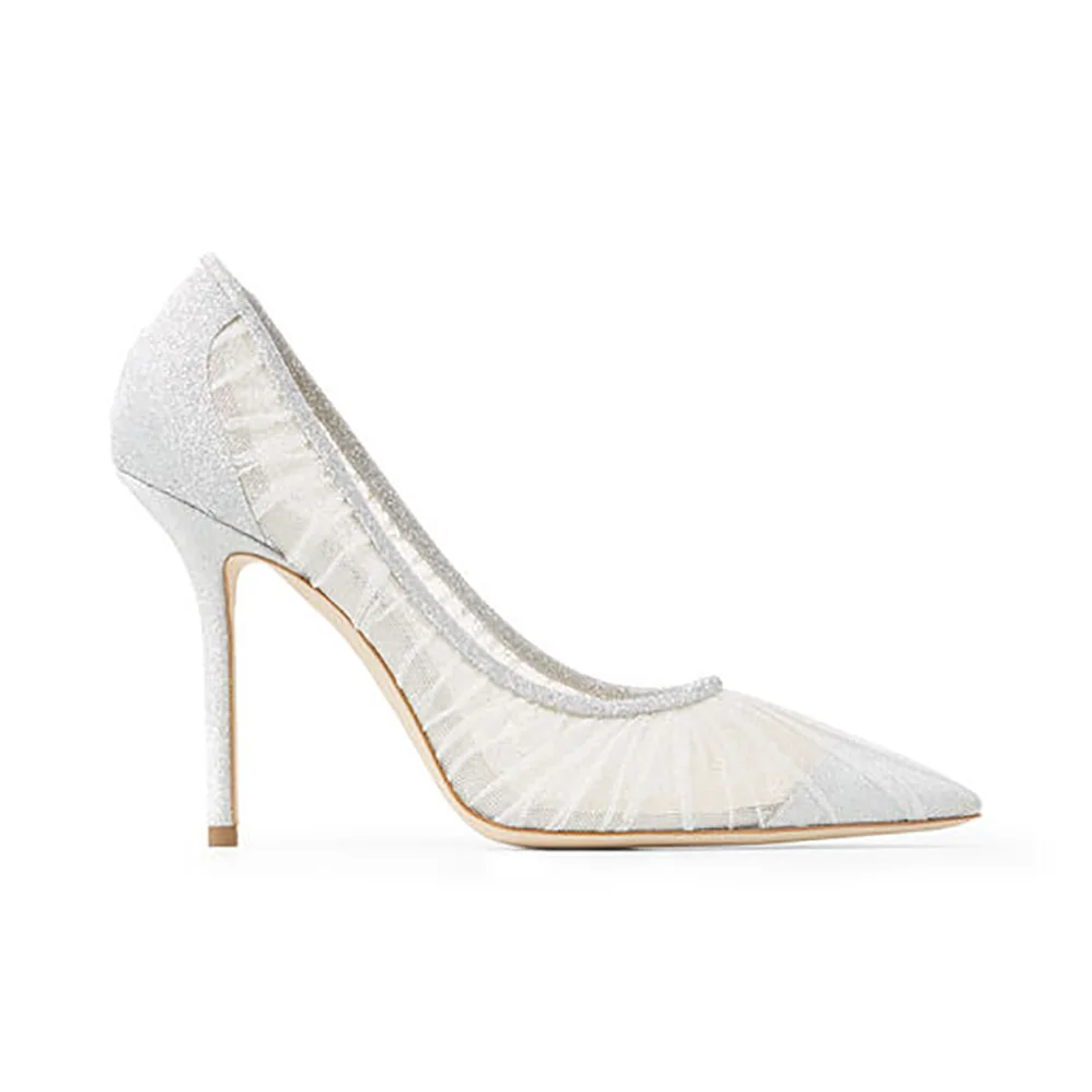 Jimmy Choo Love 100 Metallic Silver Glitter Fabric Pumps with Ivory Tulle Overlay for Women Jimmy Choo Love 100 Metallic Silver Glitter Fabric Pumps with Ivory Tulle Overlay for Women