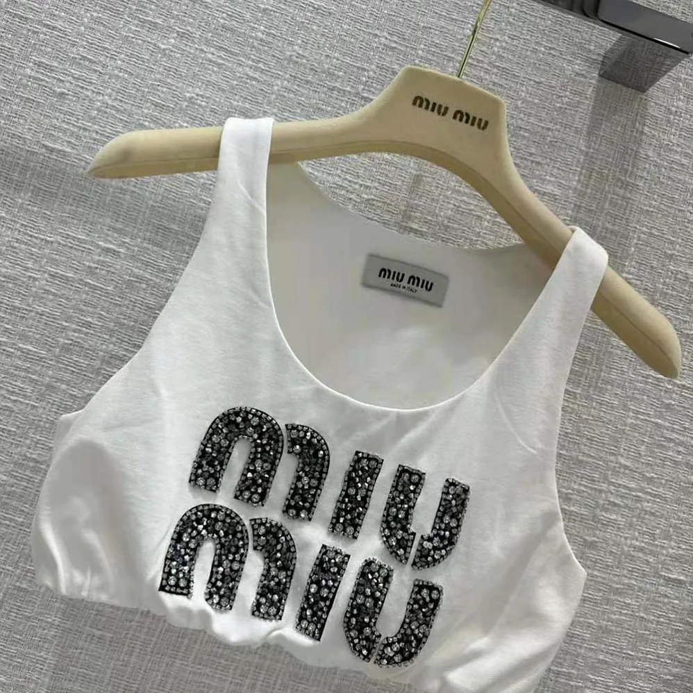 Miu Miu Embroidered Jersey Top with Embroidered Logo for Women Miu Miu Embroidered Jersey Top with Embroidered Logo for Women