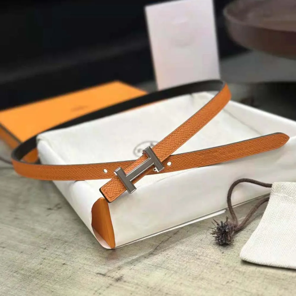 Hermes Focus Belt Buckle & Reversible Leather Strap 13 mm for Women in Silver/Orange