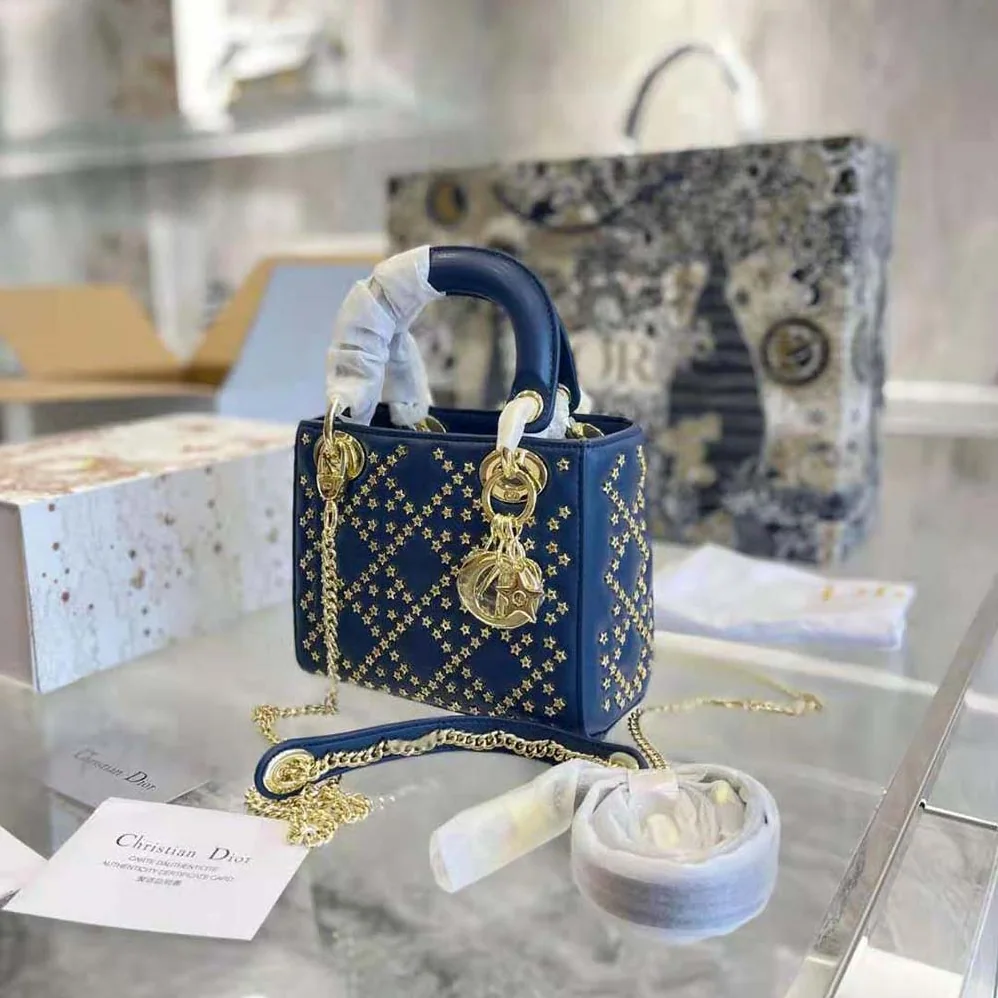 Dior Mini Lady Dior Bag Denim Blue Lucky Star Cannage Lambskin for Women