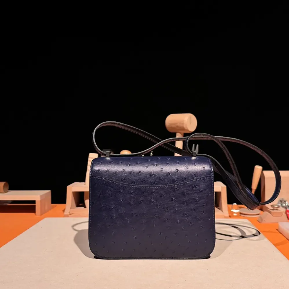 Hermes Constance 19 Bag Nata Ostrich Leather for Women in Navy/Silver