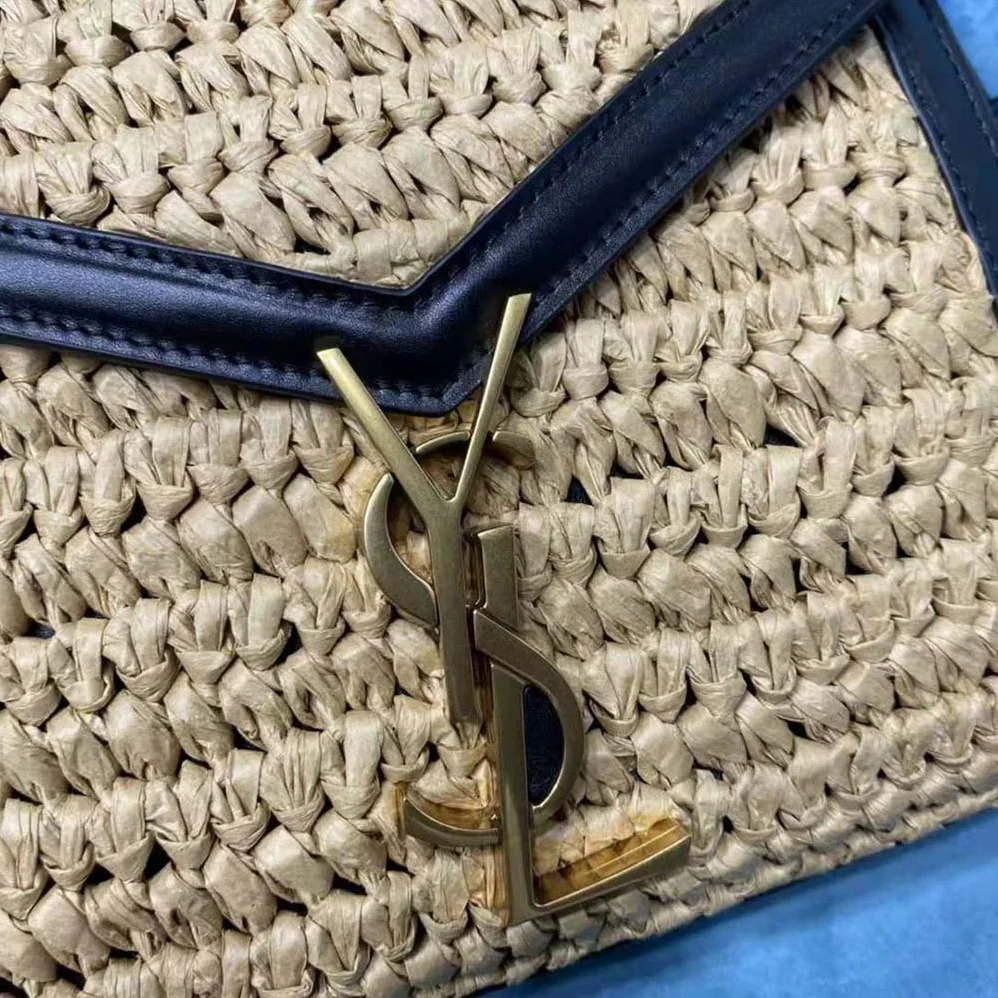 Saint Laurent YSL Cassandra Mini Top Handle Bag in Raffia and Leather for Women