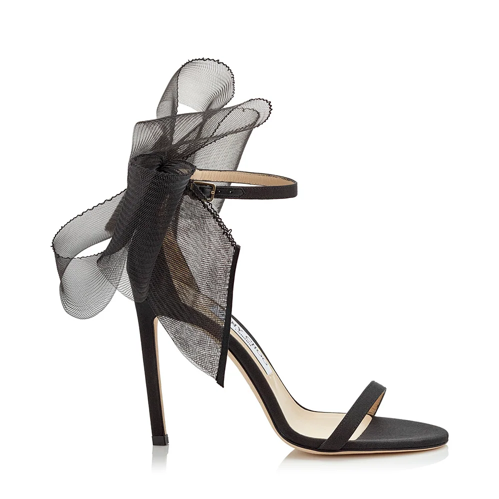 Jimmy Choo Aveline 100 Black Sandals with Asymmetric Grosgrain Mesh Fascinator Bows for Women Jimmy Choo Aveline 100 Black Sandals with Asymmetric Grosgrain Mesh Fascinator Bows for Women