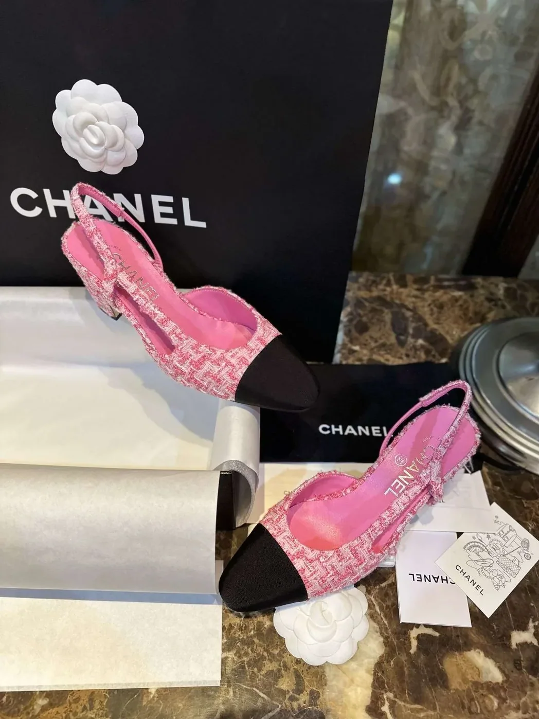 Chanel Woolen High Heel Slingback Sandals Pink Chanel Woolen High Heel Slingback Sandals Pink