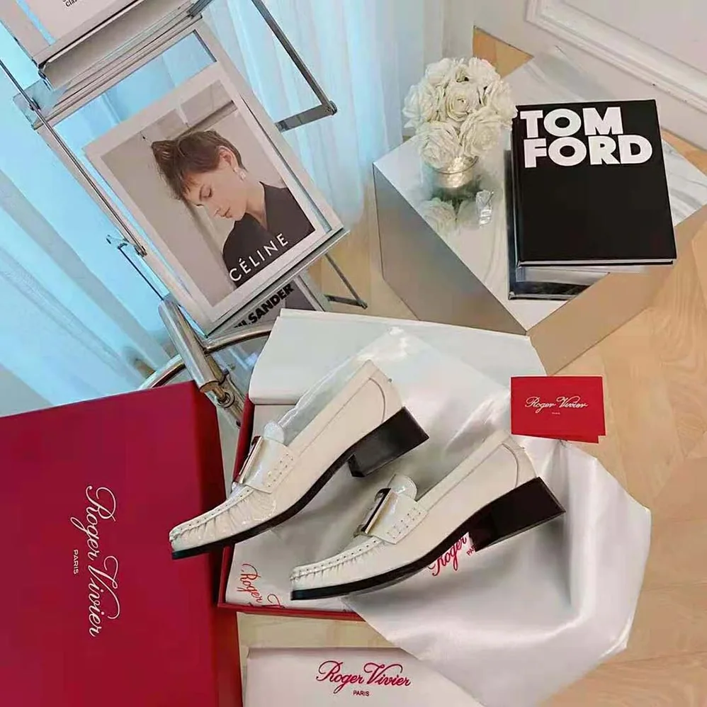 Roger Vivier Preppy Viv' Metal Buckle Loafers in Patent Leather for Women in White Roger Vivier Preppy Viv' Metal Buckle Loafers in Patent Leather for Women in White