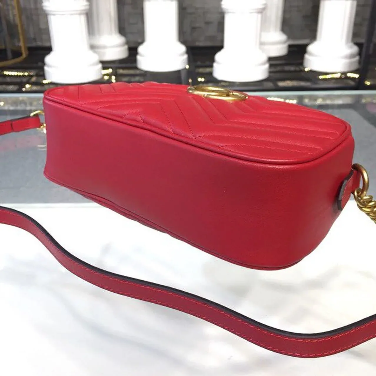 Gucci GG Marmont Small Matelassé Shoulder Bag Hibiscus Red Matelassé Chevron / Gucci GG Marmont Small Matelassé Shoulder Bag Hibiscus Red Matelassé Chevron /