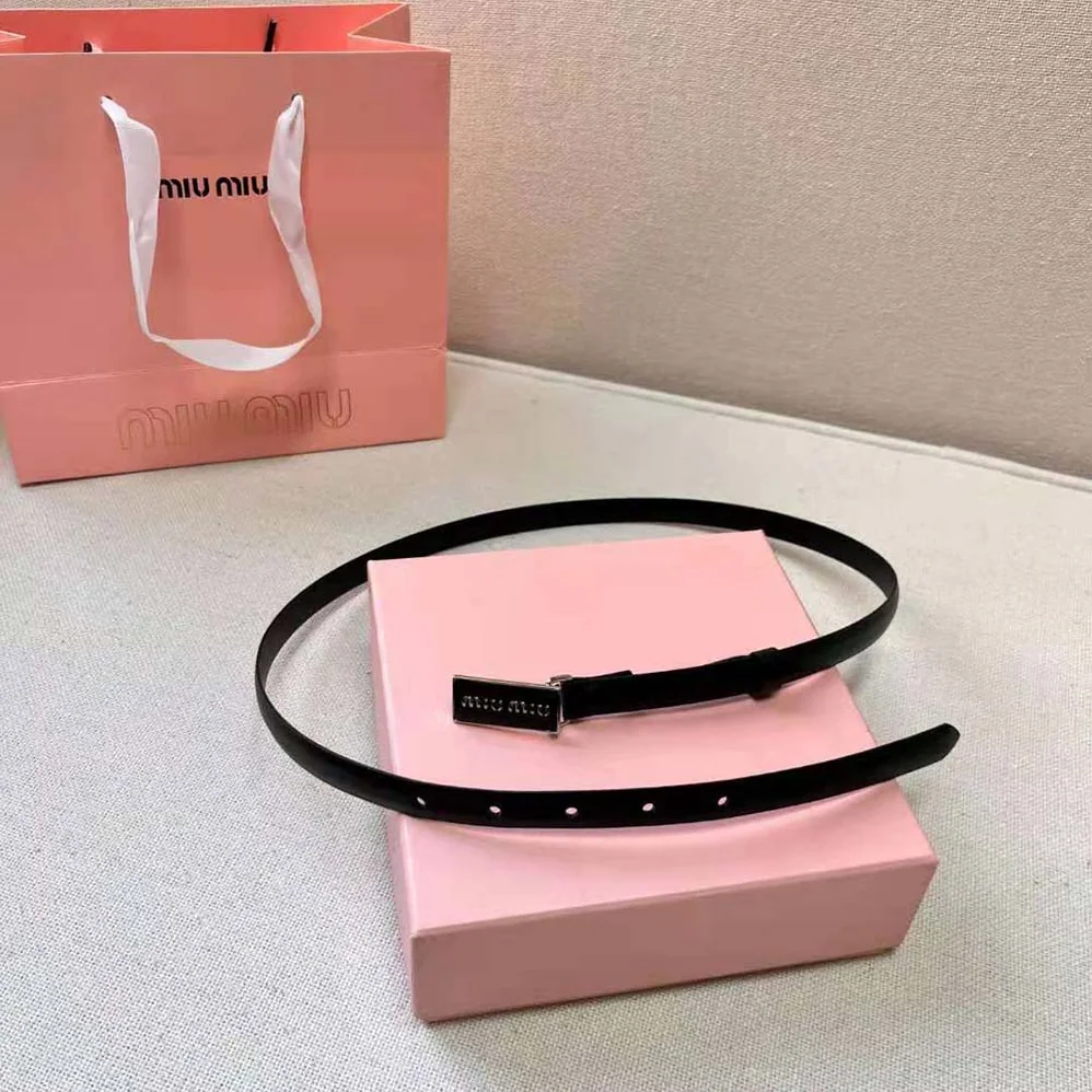 Miu Miu Brushed Leather Belt with Enameled Metal Buckle for Women in Black Miu Miu Brushed Leather Belt with Enameled Metal Buckle for Women in Black