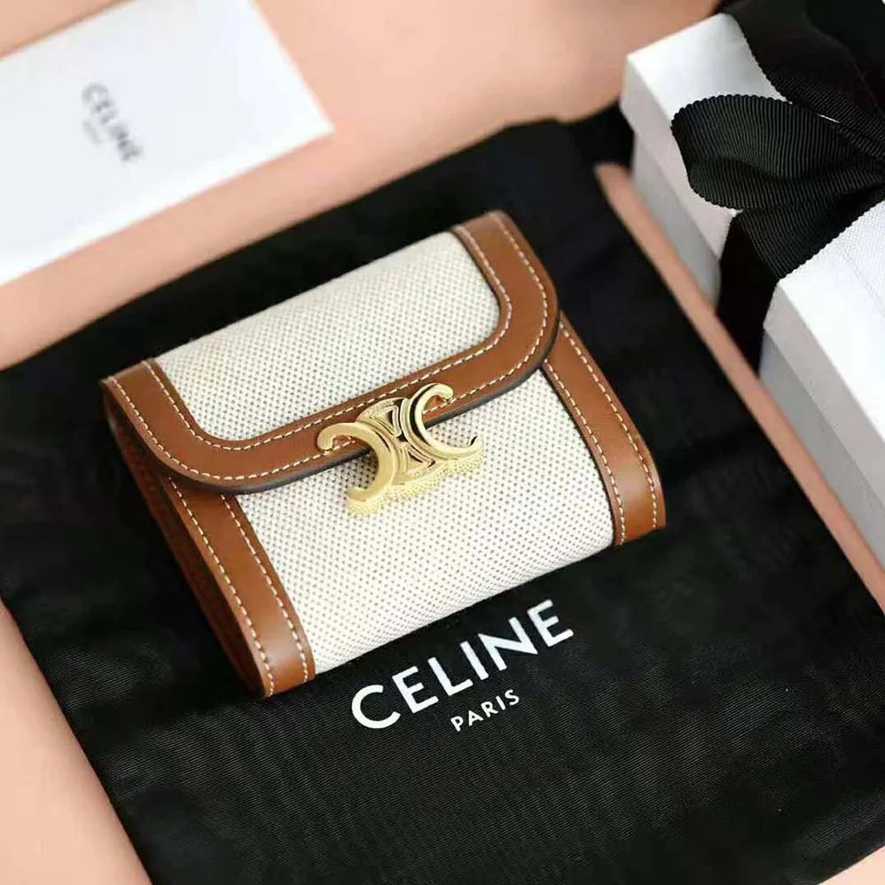 Celine Small Triomphe Wallet in Textile and Calfskin for Women in Brown Celine Small Triomphe Wallet in Textile and Calfskin for Women in Brown