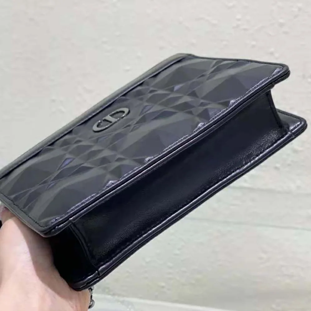 Dior Caro Zipped Pouch with Chain Black Macrocannage Calfskin with Diamond Motif for Women