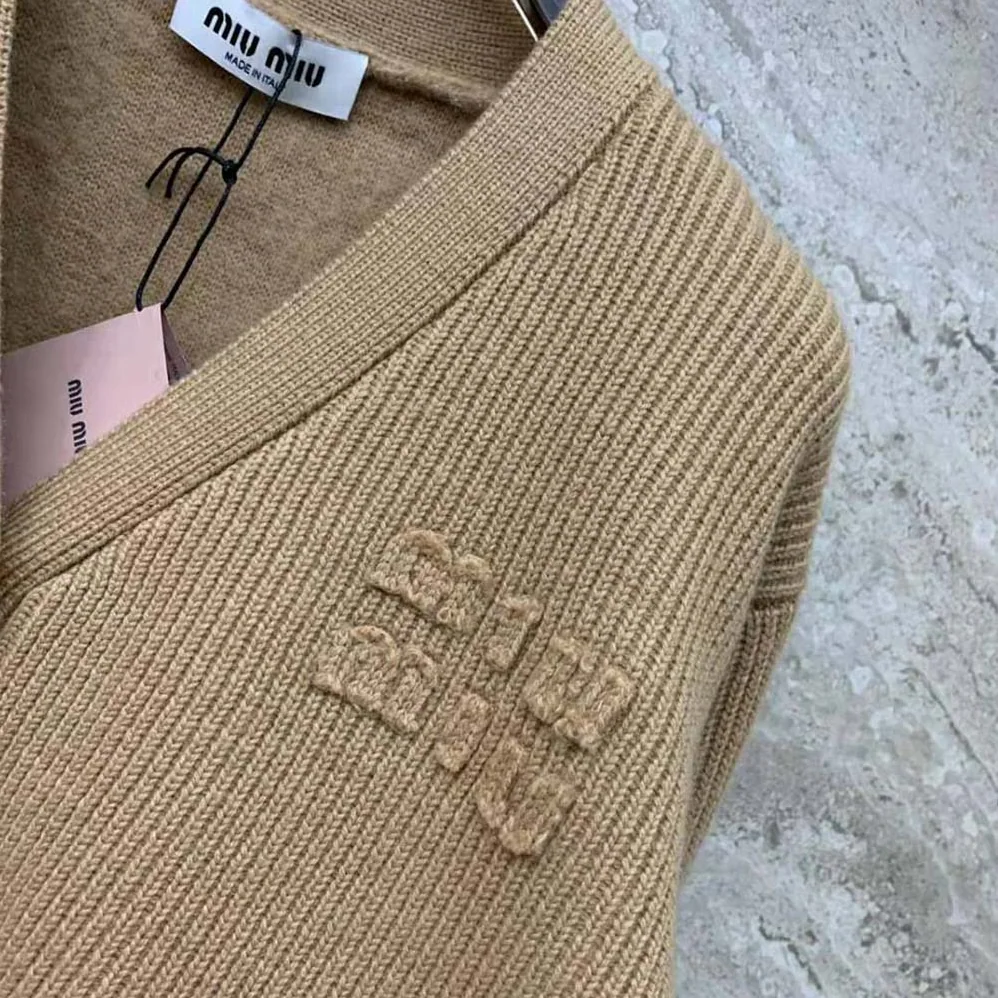 Miu Miu Wool and Nylon Knit Cardigan for Women in Beige Miu Miu Wool and Nylon Knit Cardigan for Women in Beige
