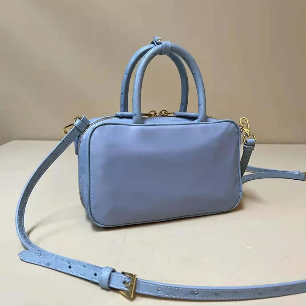 Prada Re-Nylon and Ostrich Leather Two-handle Bag for Women in Blue