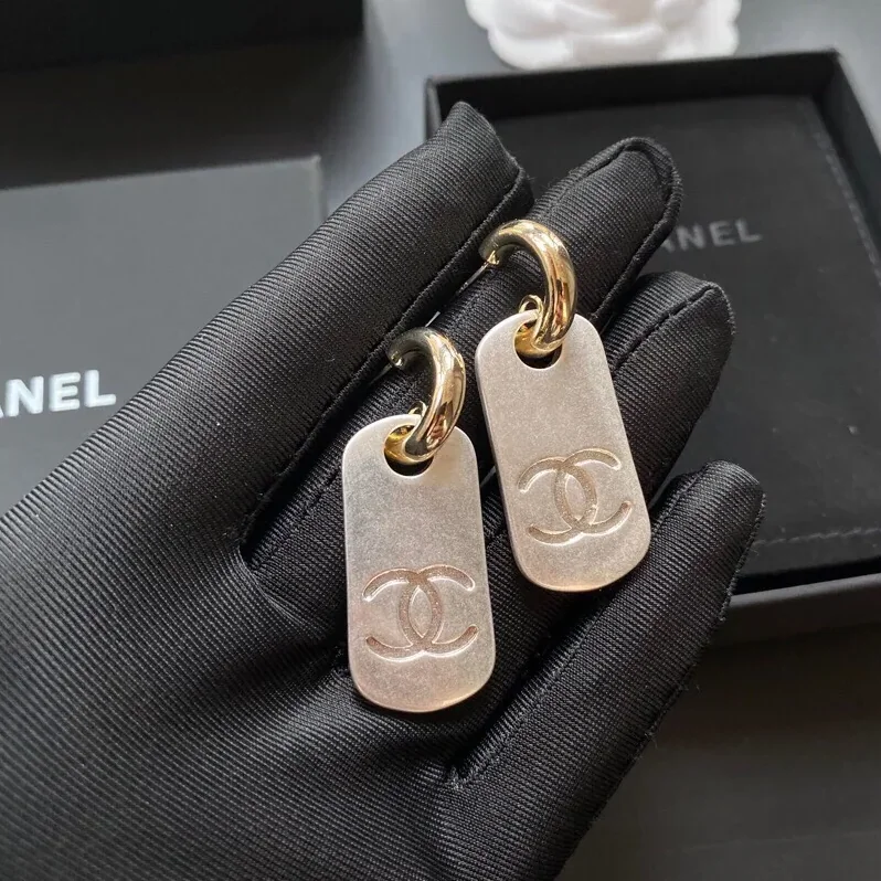 Chanel Dangling Big Tag Earrings Gold Tone