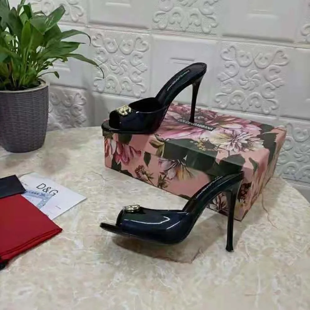 Dolce Gabbana D&G Patent Leather Mules with DG Logo for Women in Black