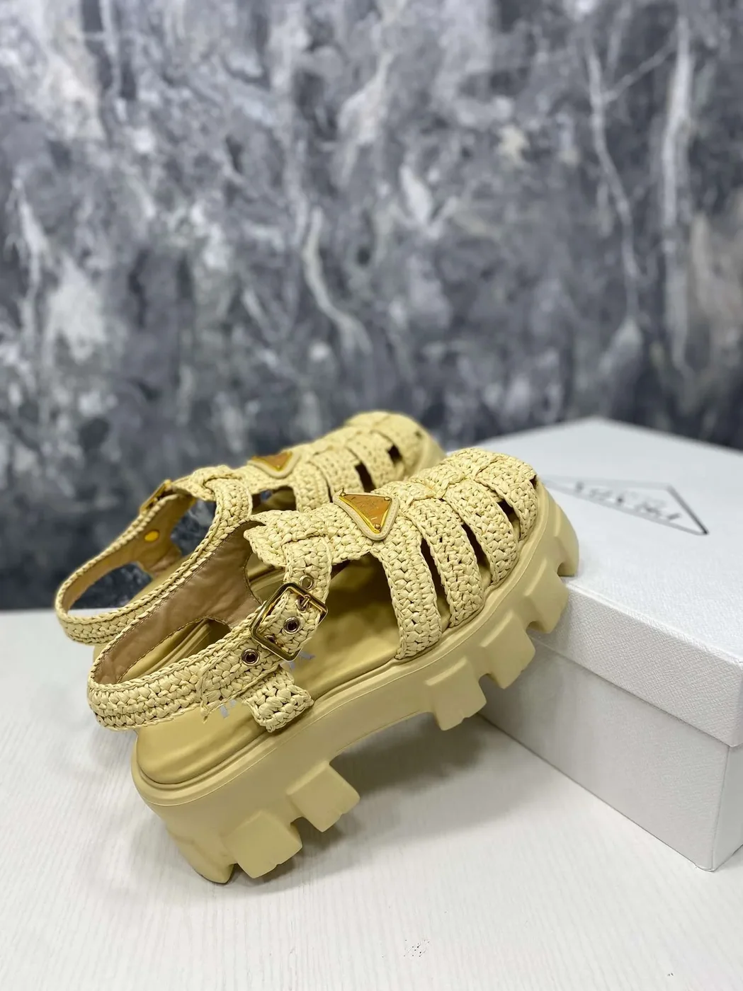 Prada Monolith Crochet Cage Sandals Yellow Prada Monolith Crochet Cage Sandals Yellow
