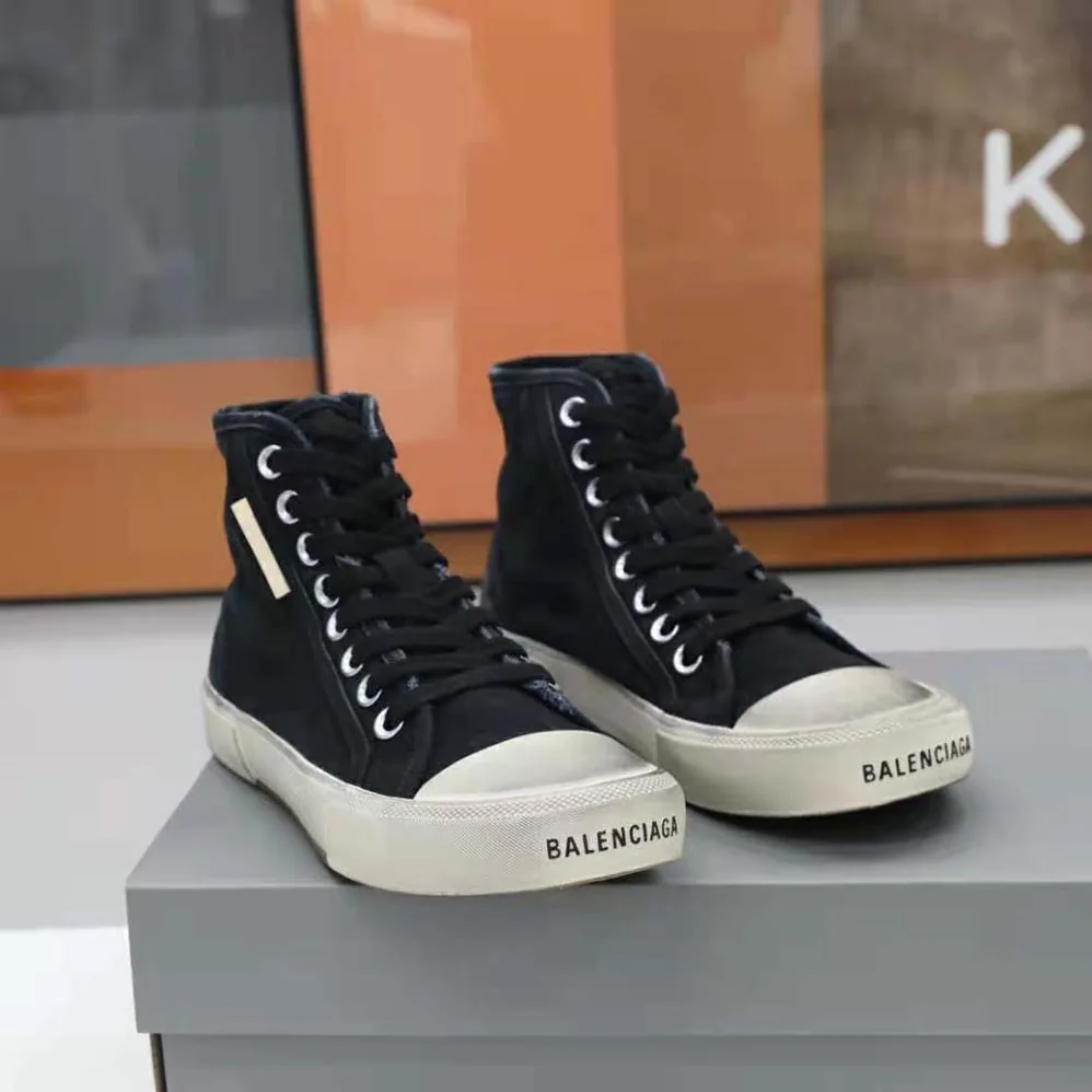 Balenciaga Paris High Top Sneaker in Black Destroyed Cotton and White Rubber for Unisex