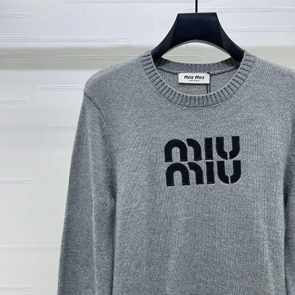 Miu Miu Double Cashmere Sweater with Logo for Women in Grey Miu Miu Double Cashmere Sweater with Logo for Women in Grey