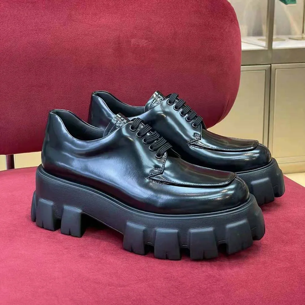 Prada Monolith Brushed Leather Lace-up Shoes for Women in Black