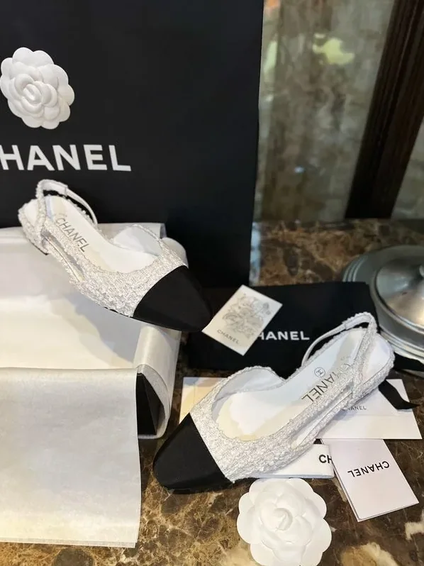 Chanel Sling Back Tweed Sandals White Chanel Sling Back Tweed Sandals White