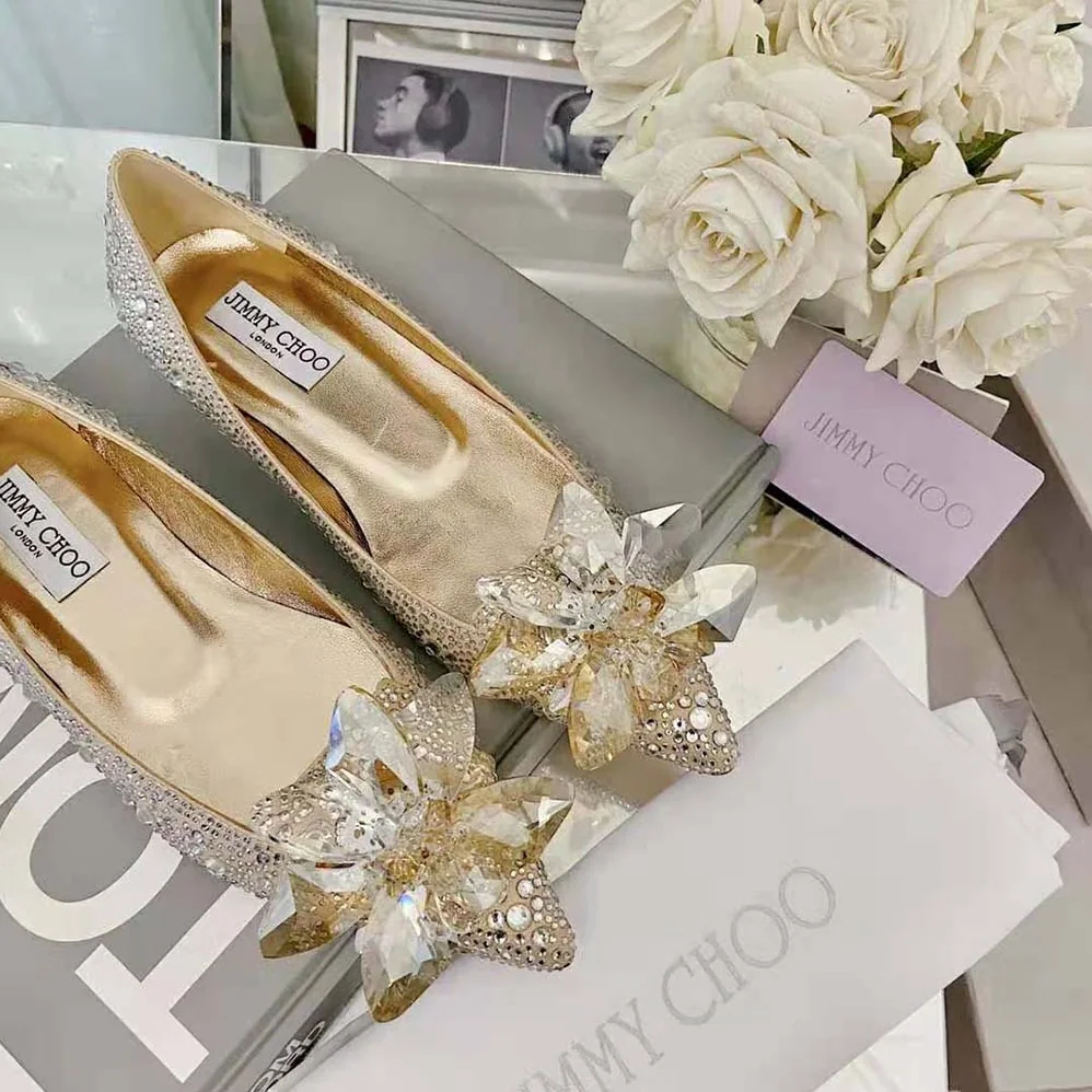 Jimmy Choo Attila Rose Gold Crystal Covered Pointy Toe Flats for Women Jimmy Choo Attila Rose Gold Crystal Covered Pointy Toe Flats for Women