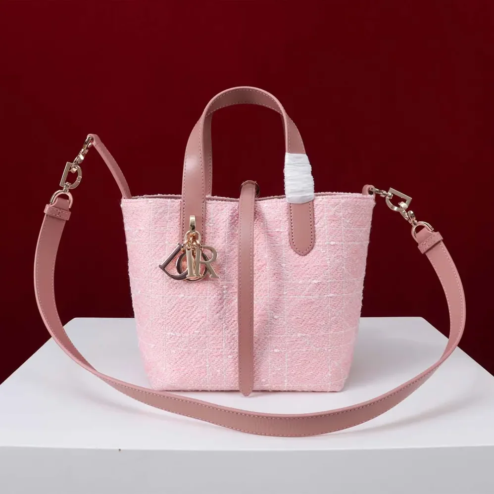 Dior Small Dior Toujours Vertical Tote Bag Pink Tweed with White Cannage Motif for Women