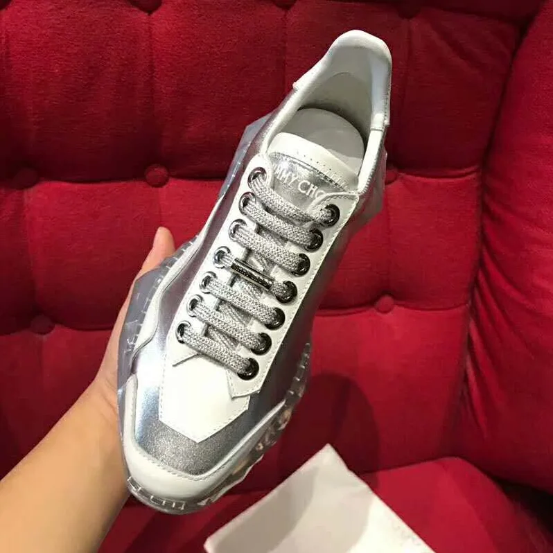 Jimmy Choo Shoes Diamond/F Silver Metallic Leather and White Calf Leather Low Top Trainers for Women Jimmy Choo Shoes Diamond/F Silver Metallic Leather and White Calf Leather Low Top Trainers for Women