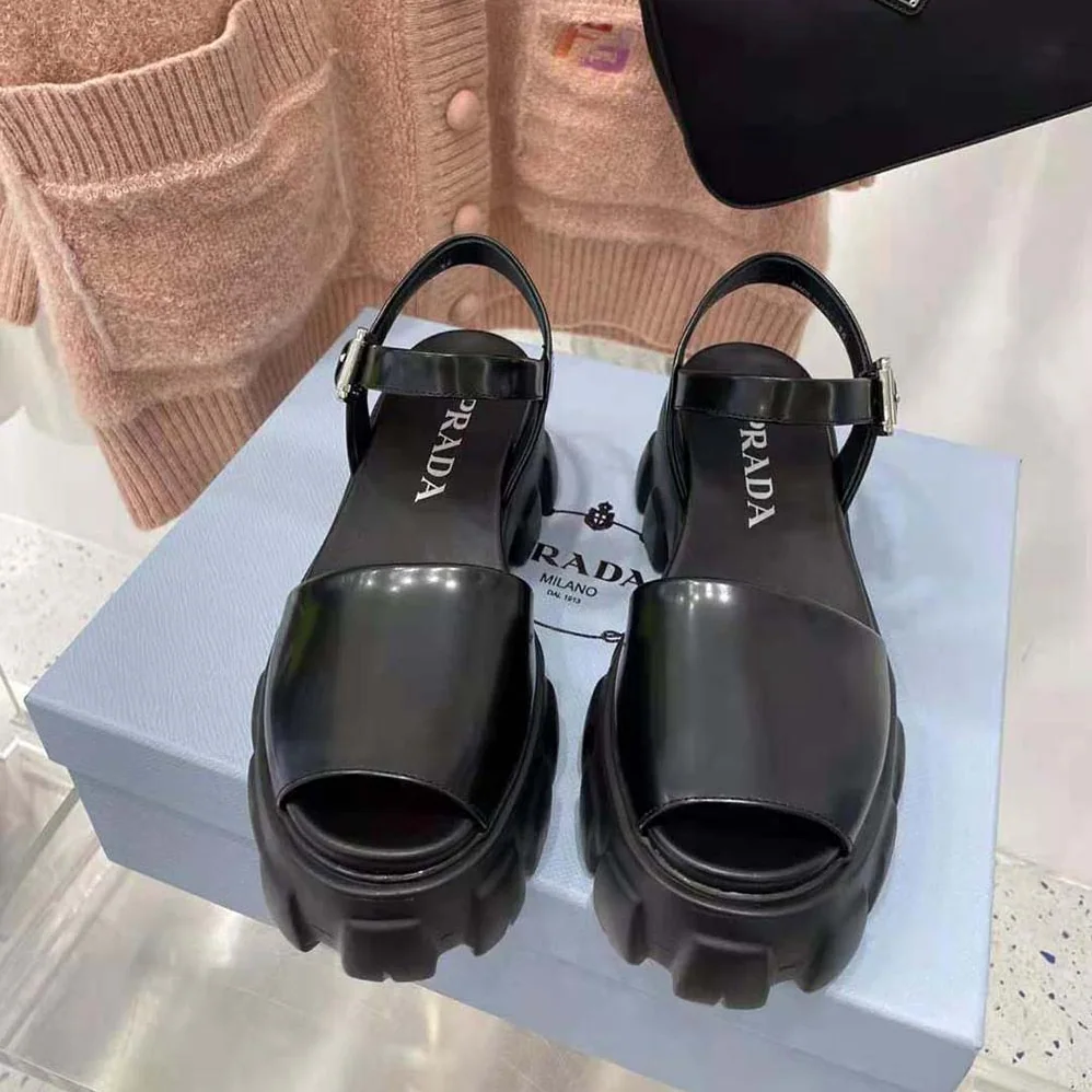 Prada Monolith Brushed Leather Sandals in 55mm Heel for Women in Black