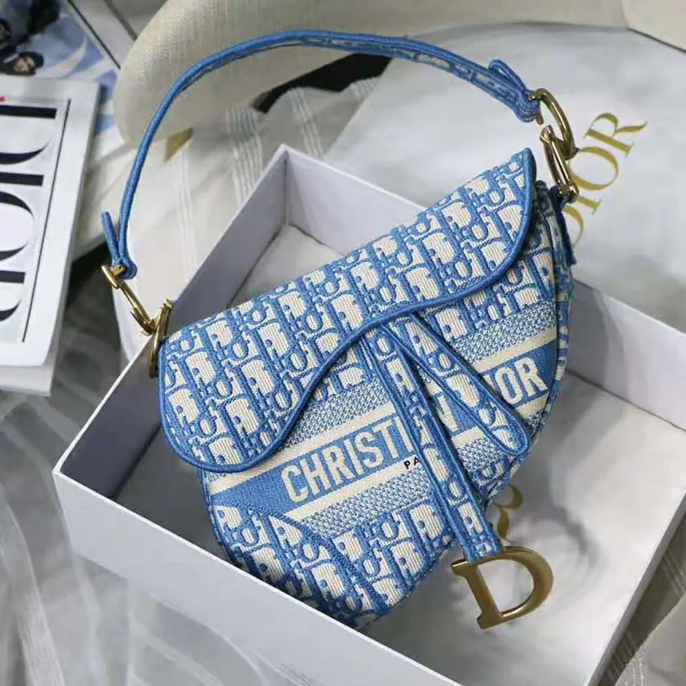 Dior Saddle Bag Cornflower Blue Dior Oblique Embroidery for Women