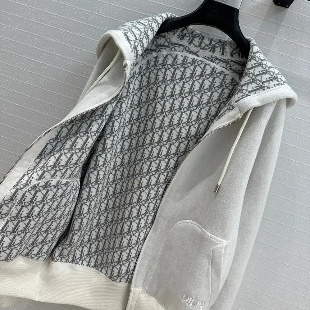 Dior Hooded Track Jacket White Cotton Knit and Cashmere for Men