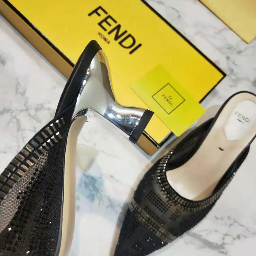 Fendi Colibri Sabots in Mesh and Black Leather for Women Fendi Colibri Sabots in Mesh and Black Leather for Women