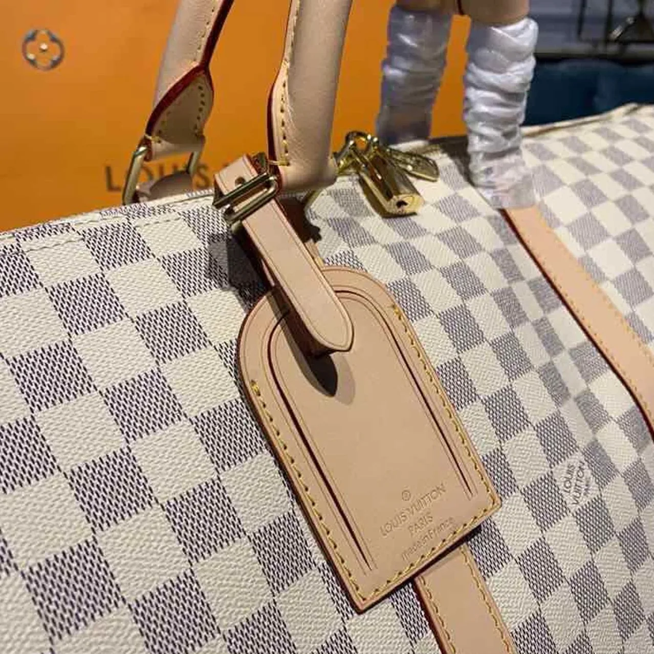 Louis Vuitton Keepall Bandouliere 55 Travel Bag in Damier Azur Gold Hardware Louis Vuitton Keepall Bandouliere 55 Travel Bag in Damier Azur Gold Hardware
