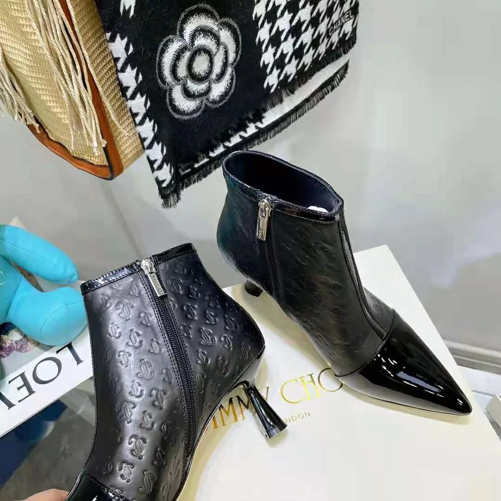 Jimmy Choo Kix/Z 65 Black Patent and JC Monogram Leather Ankle Boots for Women