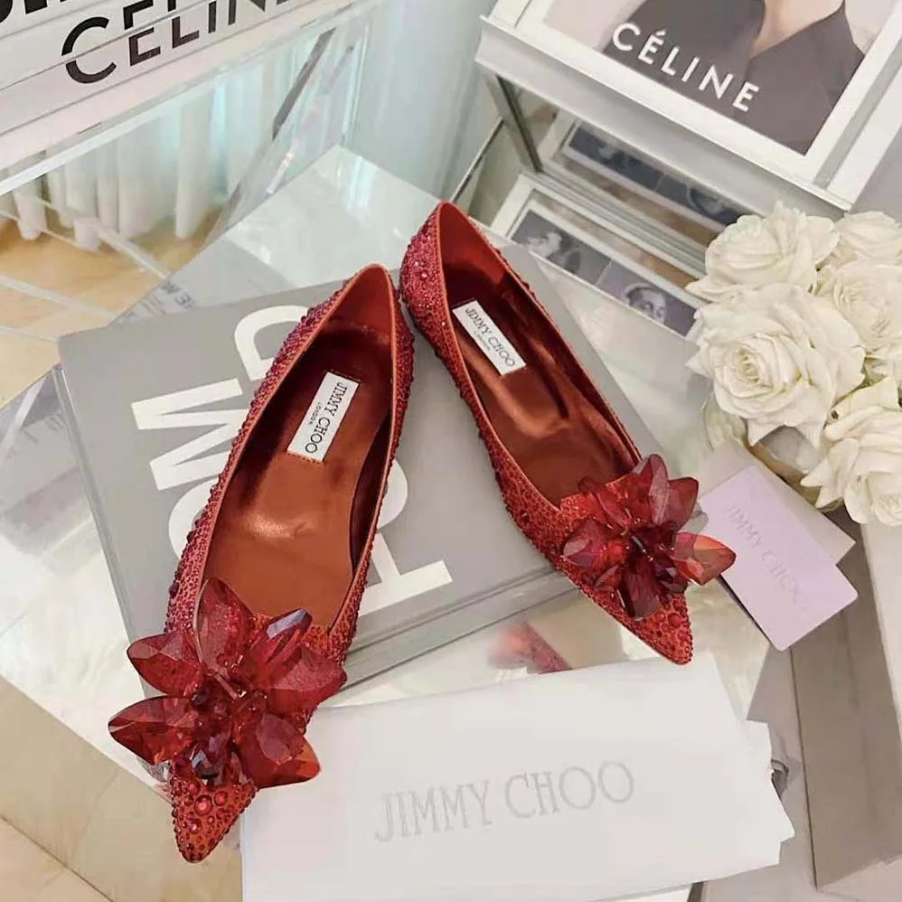 Jimmy Choo Attila Red Crystal Covered Pointy Toe Flats for Women Jimmy Choo Attila Red Crystal Covered Pointy Toe Flats for Women