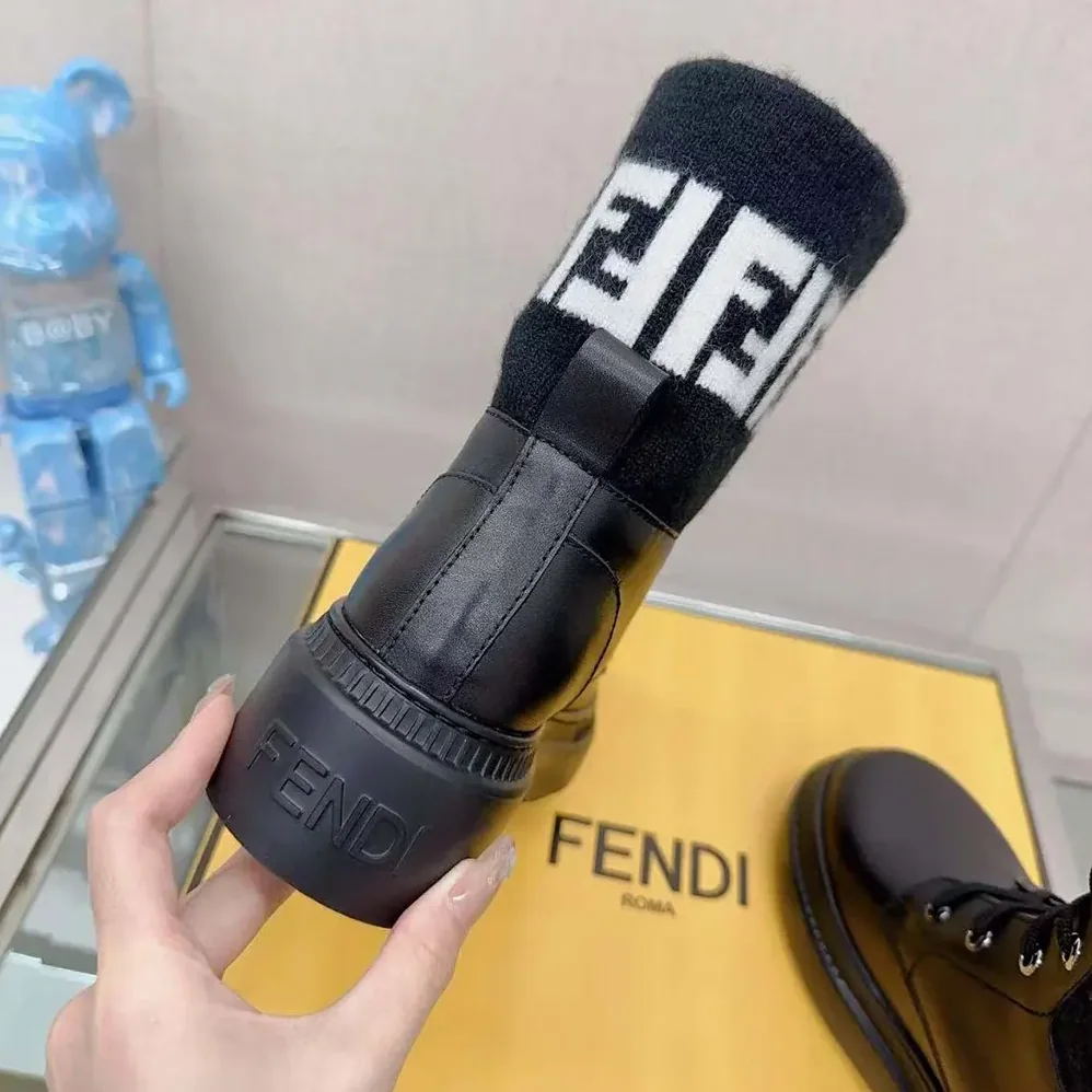 Fendi Rockoko Black Leather Biker Boots with FF Jacquard Motif for Women Fendi Rockoko Black Leather Biker Boots with FF Jacquard Motif for Women