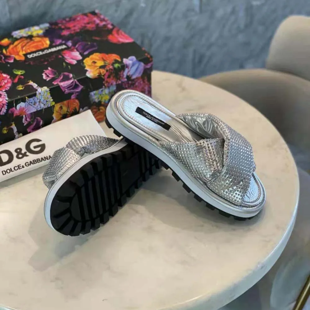 Dolce Gabbana D&G Padded Nylon Sliders with Fusible Rhinestones for Women Dolce Gabbana D&G Padded Nylon Sliders with Fusible Rhinestones for Women