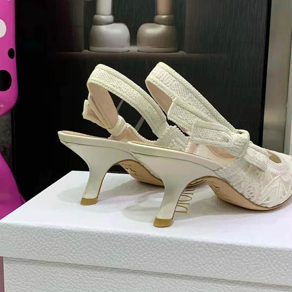 Dior J Sdior Slingback Pump White Macramé Embroidered Cotton for Women