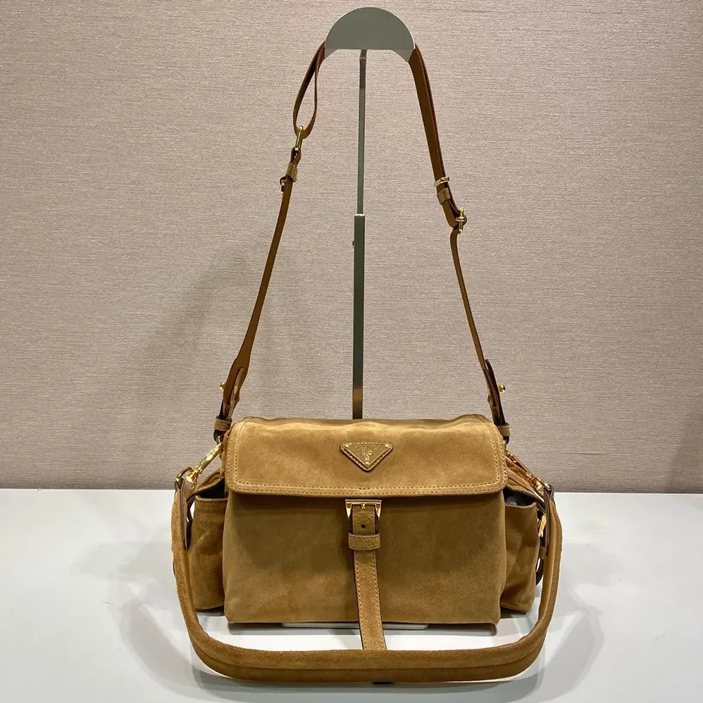 Prada Explore Medium Suede Shoulder Bag With Flap for Women in Brown