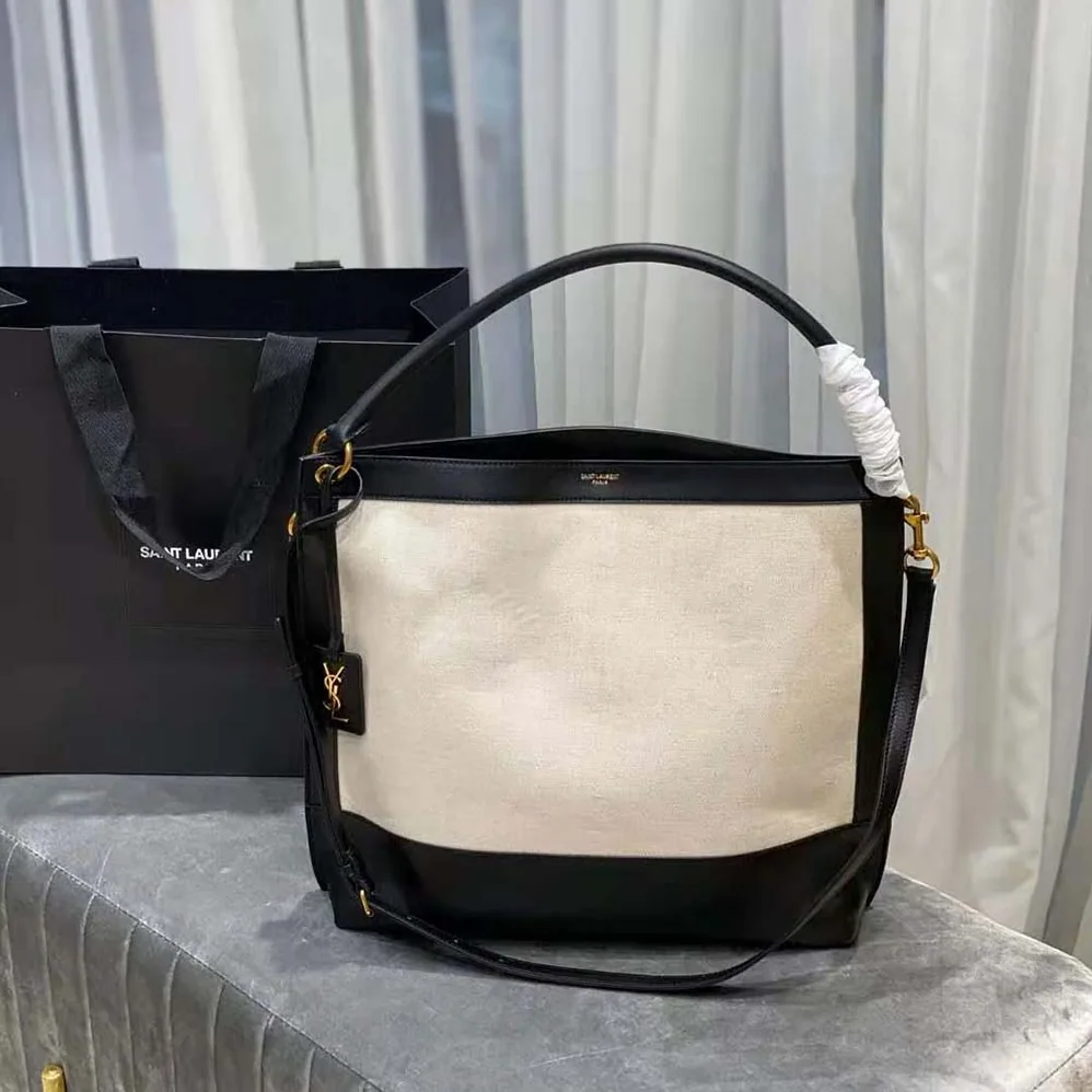 Saint Laurent YSL Tag Hobo Bag in Canvas and Leather for Women Saint Laurent YSL Tag Hobo Bag in Canvas and Leather for Women