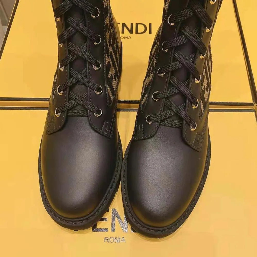 Fendi Rockoko Black/Brown Leather Biker Boots with Stretch Fabric for Women