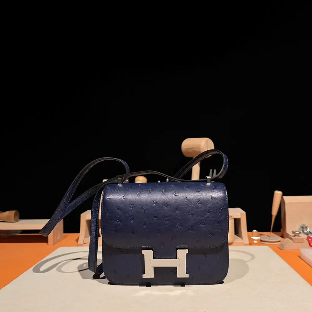 Hermes Constance 19 Bag Nata Ostrich Leather for Women in Navy/Silver