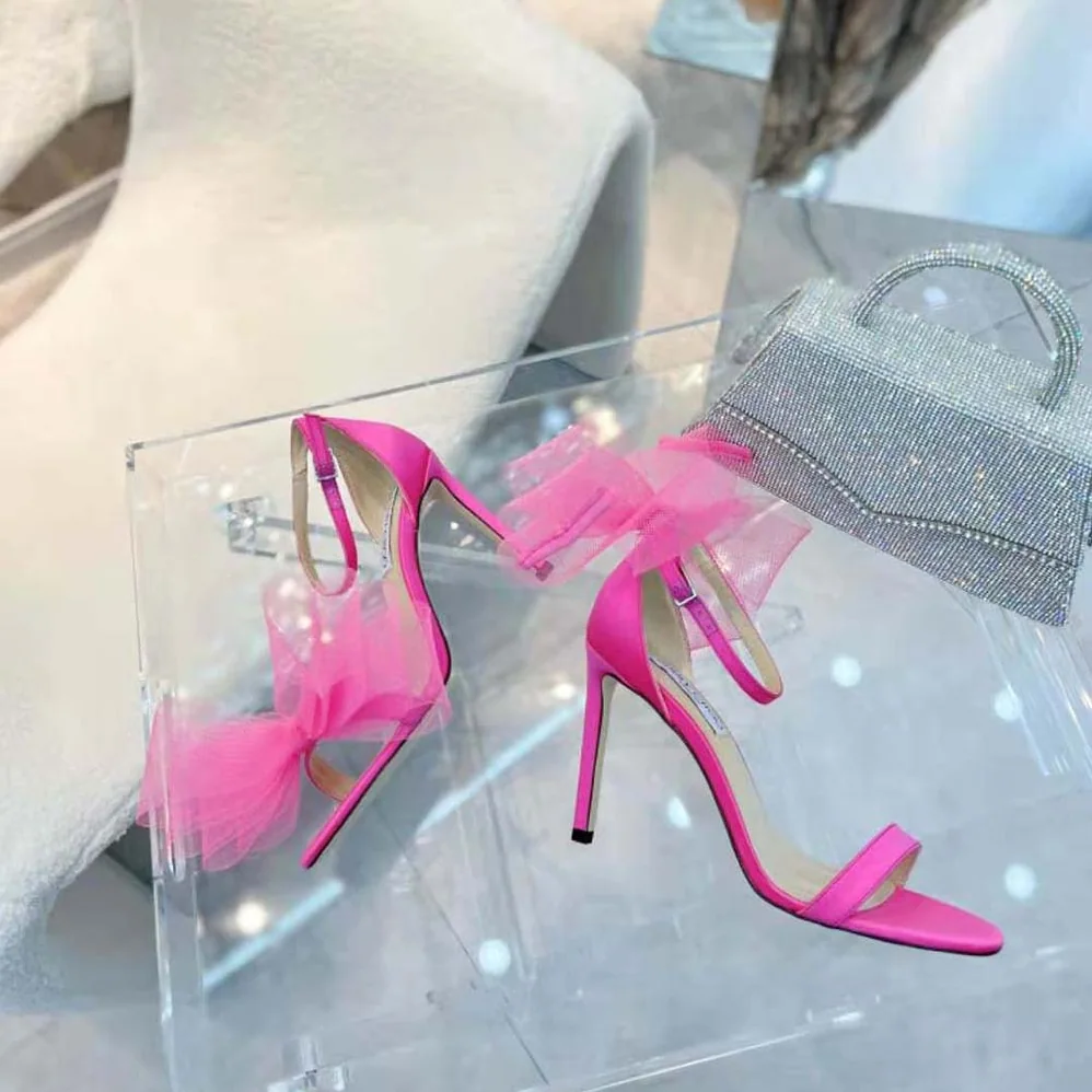 Jimmy Choo Aveline 100 Fuchsia Sandals with Asymmetric Grosgrain Mesh Fascinator Bows for Women