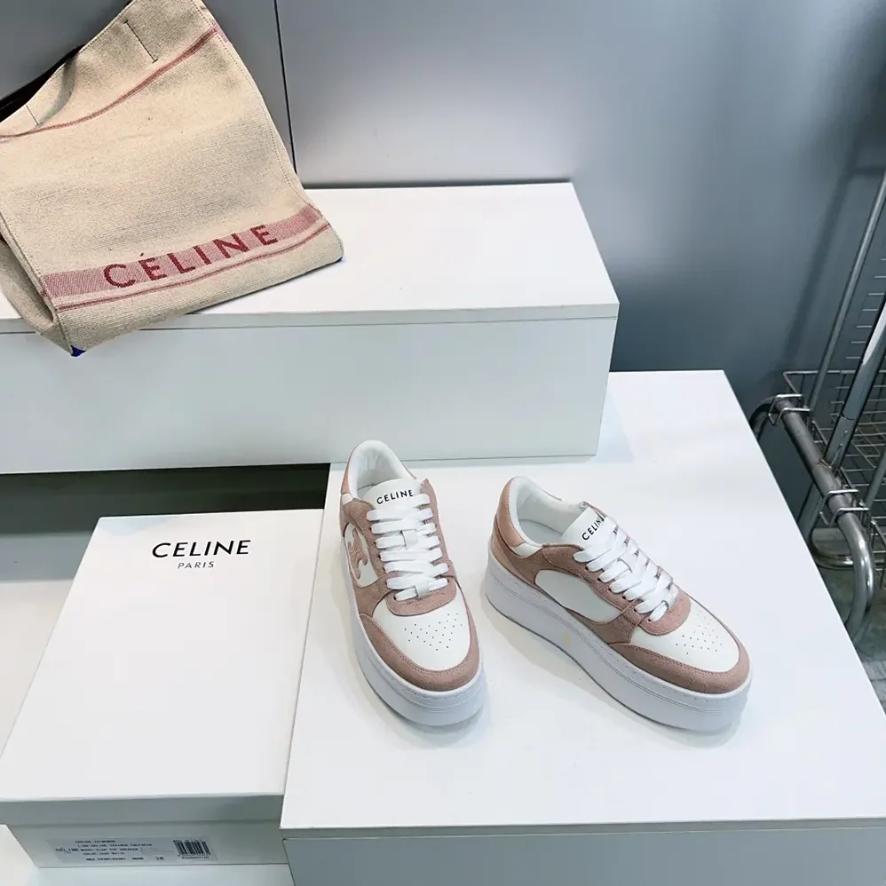 Celine Block Wedge Sneaker With Triomphe Patch In Calfskin And Suede Calfskin for Women in Pink